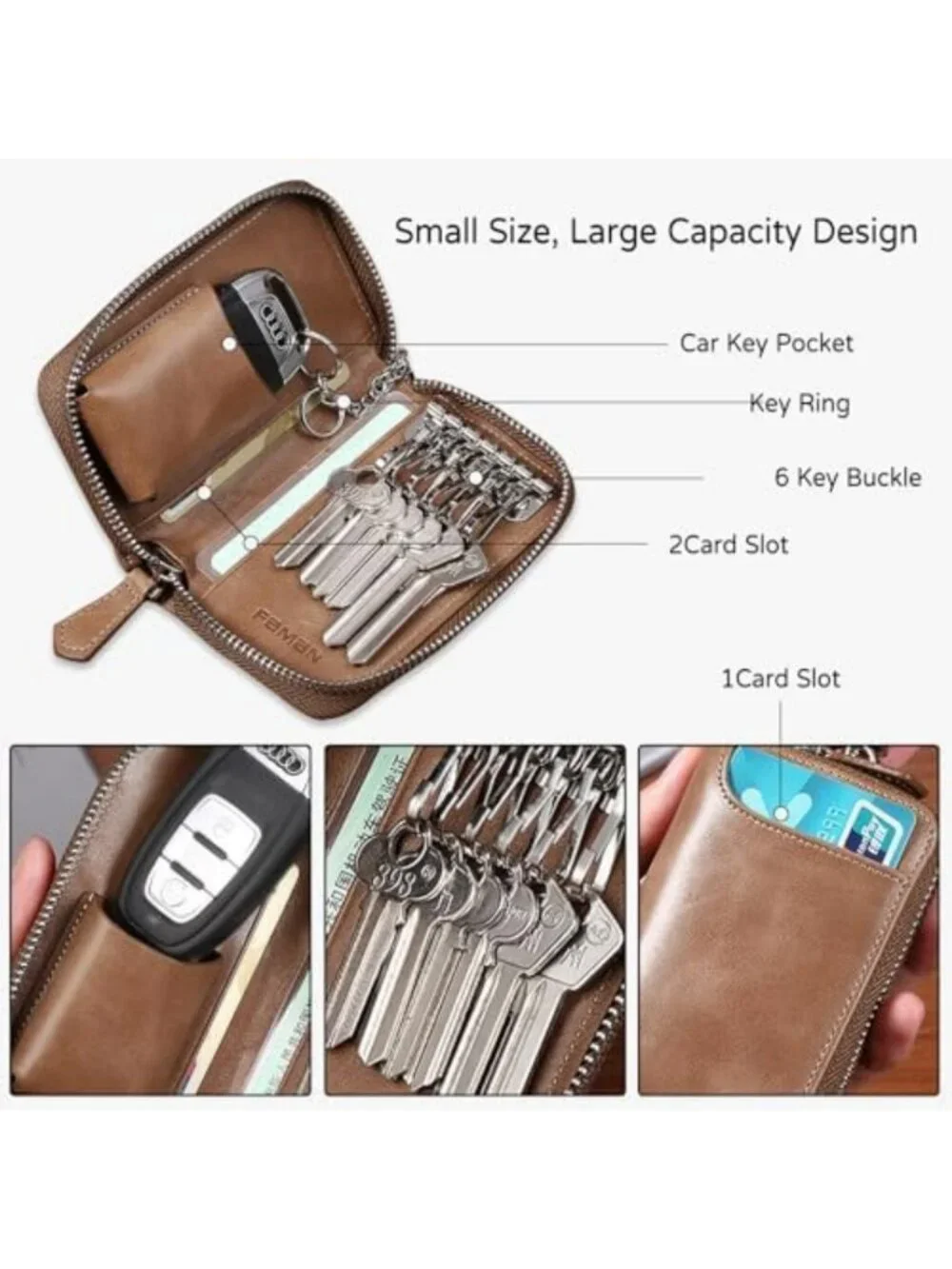 Stylish Genuine Leather Key Case & Card Holder Wallet with 6 Hooks for Men